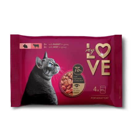 Produse pentru pisici - My Love, Hrana umeda pisici -Duo: Iepure, Vita in sos, set 4x85g