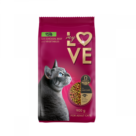 Produse pentru pisici - My Love, Hrana uscata pisici adulte cu vita, pui si legume, 900g