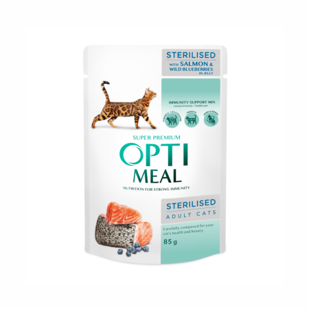 Hrana umeda - Optimeal, Hrana umeda pisici sterilizate, somon si afine in jeleu, 12x85g