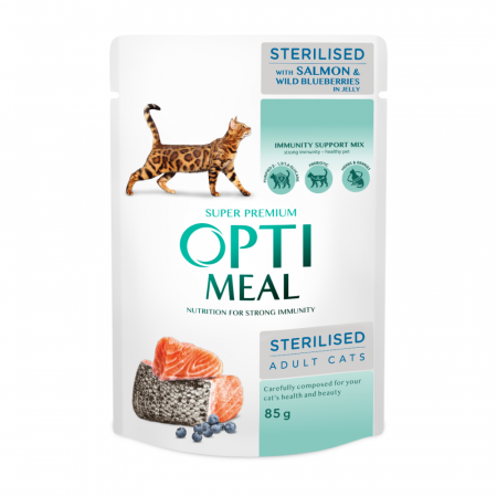 Optimeal Hrana umeda pisici sterilizate -  somon si afine in jeleu, set 12*0,085kg