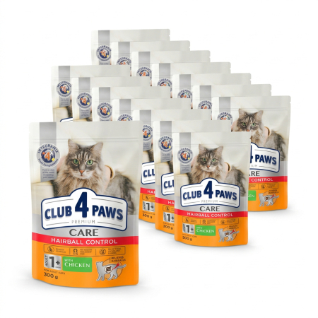 Pachet 15x300g, Club 4 Paws Premium, Hairball Control – Hrana uscata pentru pisici adulte 4.5kg