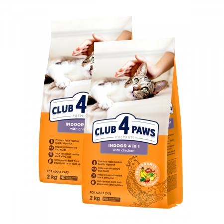 Hrana uscata - Pachet 2x2kg, Club 4 Paws Indoor 4 in 1 – Hrana uscata pentru pisici adulte de interior 4kg