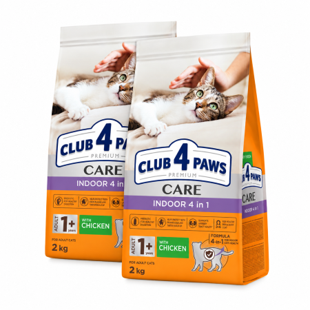 Pachet 2x2kg, Club 4 Paws Indoor 4 in 1 – Hrana uscata pentru pisici adulte de interior 4kg