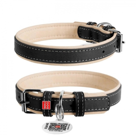 Produse pentru caini - Waudog Soft, Zgarda, L, caini din piele, cu QRPasaport, neagra