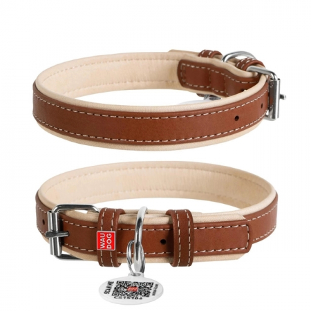 Produse pentru caini - Waudog Soft, Zgarda, M, caini din piele, cu QRPasaport, maro