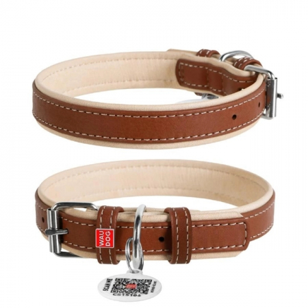 Produse pentru caini - Waudog Soft, Zgarda, XL, caini din piele, cu QRPasaport, maro