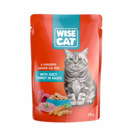 Hrana umeda - Wise Cat, Hrana umeda la plic pentru pisici adulte, curcan in sos