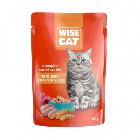 Hrana umeda - Wise Cat, Hrana umeda la plic pentru pisici adulte, cu pui in sos