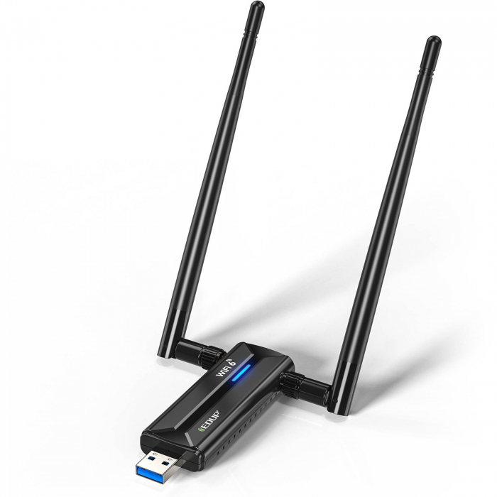 Adaptor USB Wi-Fi 6E EDUP, plug  play, tri-band, compatibil Win 11, MU-MIMO, OFDMA, 5400Mbps, negru