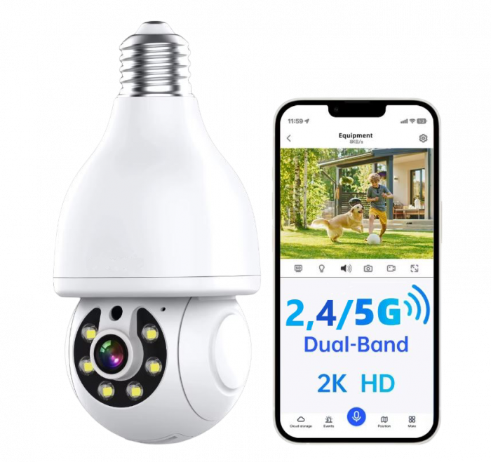 Camera de securitate tip bec FRAMMINO  , 3MP, rezolutie 2K, banda duala Wi-Fi 2, 5  5, 8 GHz, cu detectie umana AI, urmarire automata, comunicare bidirectionala, alerte pe mobil, vedere nocturna color