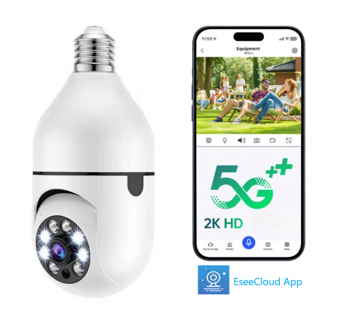 Camera supraveghere tip bec , dual band 2,4 Ghz 5 Ghz, Aplicatie mobil, 3 MP, 2048x1536 pixeli, Comunicare bidirectionala, Detectie smart AI fiinte umane, notificare pe mobil, alba