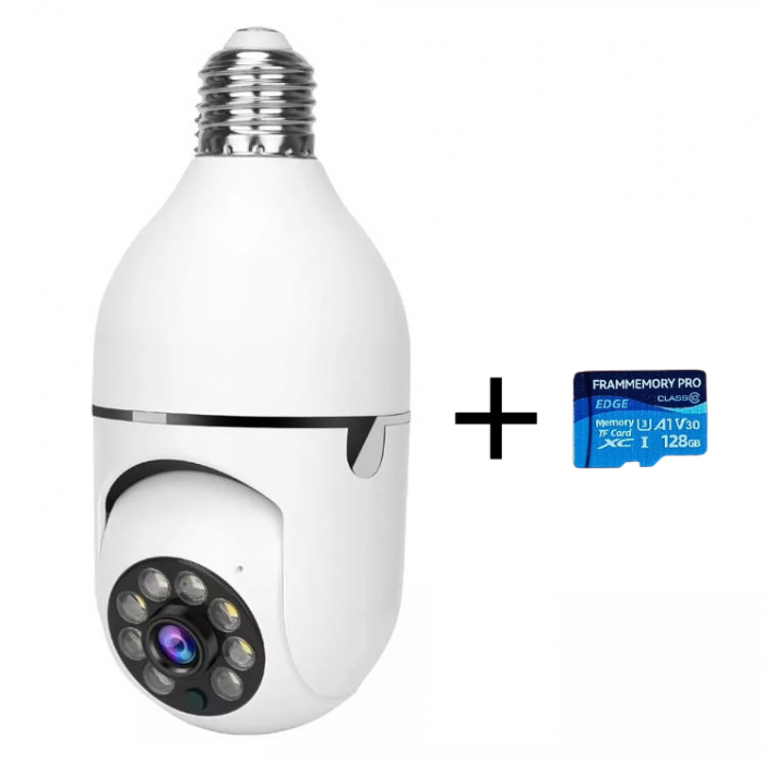 Camera supraveghere tip bec , dual band 2,4 Ghz 5 Ghz, Aplicatie mobil, 3 MP, 2048x1536 pixeli, Comunicare bidirectionala, Detectie smart AI fiinte umane, notificare pe mobil, alba