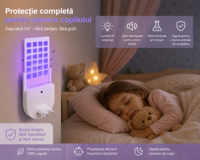 Capcană Electrică pentru Insecte cu Lumină UV și Card Adeziv, 2 Moduri de Iluminare, Fără Substanțe Chimice, Silențioasă, pentru Dormitor, Camera Copiilor și Locuință [4]