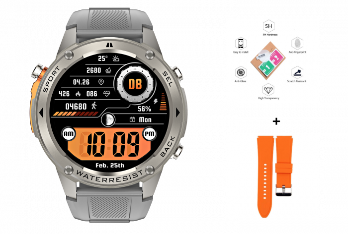 Ceas Smartwatch FRAMMINO  , ecran AMOLED 1.43  , rezolutie 466x466, 170 moduri sport, rezistenta apa 5ATM, Baterie 500 mA, apel Bluetooth, meniu limba romana, maghiara, bulgara, argintiu