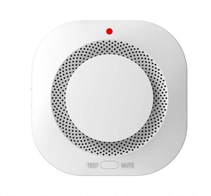 Detector de fum PST, wireless, functioneaza integrat intr-un system de alarma, cod de invatare 1527 sau cu un Hub Sirena TuyaSmart SmartLife App, ori independent, frecventa 433 MHz, Alb