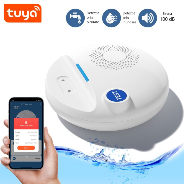 Detector de inundație Wi-Fi, Tuya App, cu alarmă 100dB și notificări pe telefon [2]