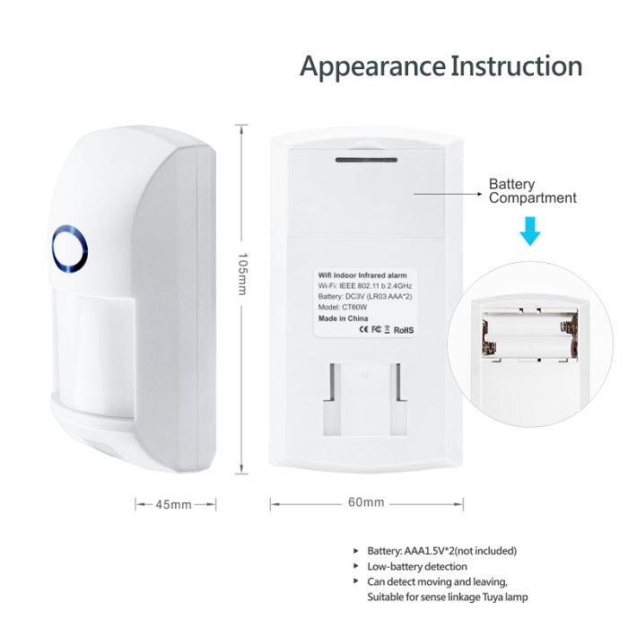 Detector de miscare PIR inteligent FRAMMINO®, Wireless, TuyaSmart/ SmartLife, Compatibil Alexa si Google Assistant [3]