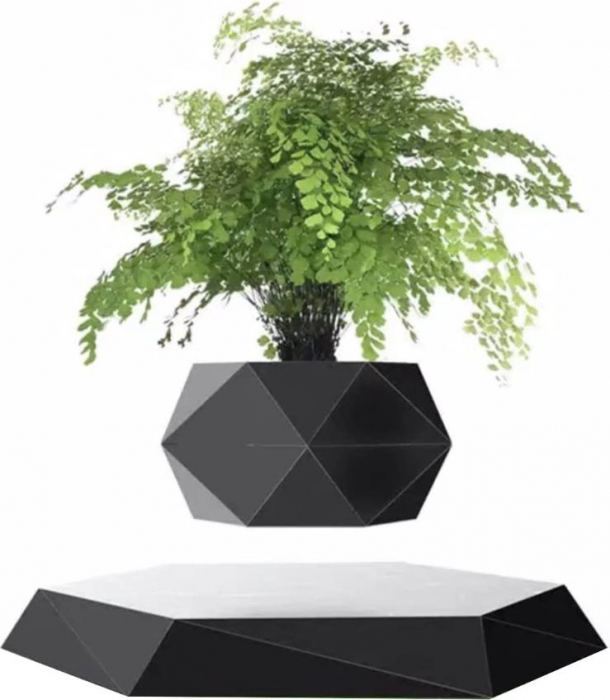 Ghiveci floral levitant, gravitational in camp magnetic, rotativ, negru, decorativ pentru birou, baza magnetica hexagonala