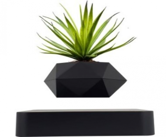 Ghiveci floral levitant, gravitational in camp magnetic, rotativ, negru, decorativ pentru birou, baza magnetica patrata