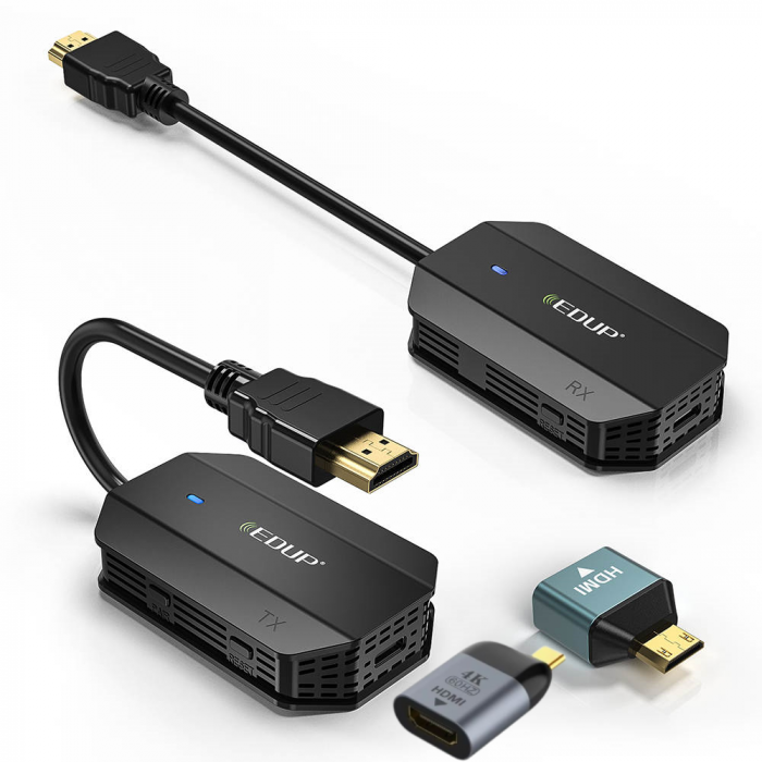 Kit TX RX HDMI de oglindire a ecranului EDUP, 1080P 60Hz, Wireless 30 m, frecventa 5 GHz, Plug and Play, pentru streaming audio video de la laptop, camera foto, telefon catre TV, monitor, proiector