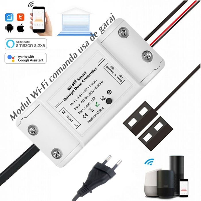 Modul Wi-Fi FRAMMINO  , pentru controlul automat a Usilor de Garaj sau portilor rulante, prin aplicatia mobila Tuya Smart sau SmartLife, Control prin Aplicatie si Voce, compatibil Amazon Alexa si Googl