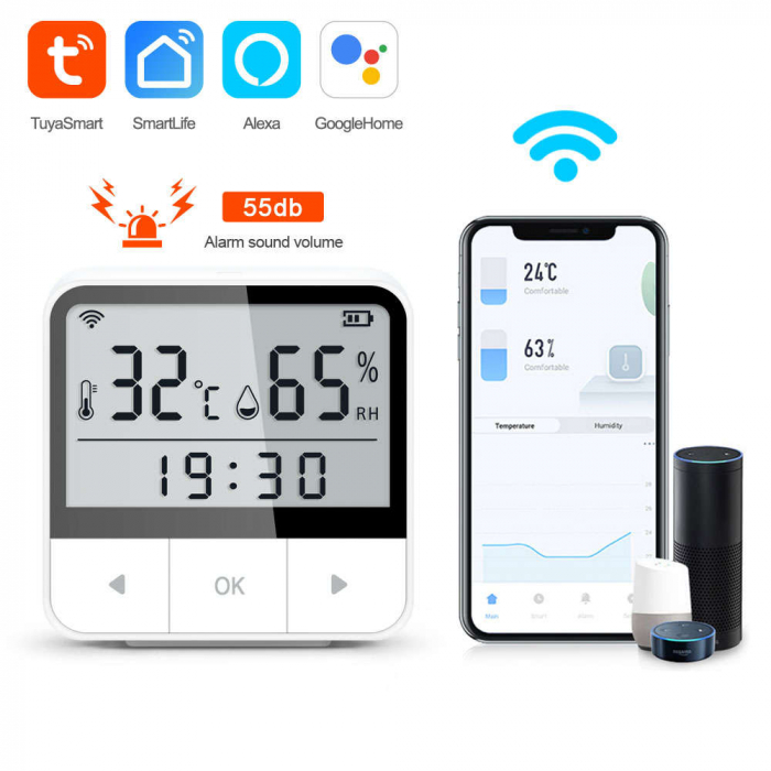 Monitor de temperatura si umiditate PST, TuyaSmart/SmartLife App, compatibil Alexa si Google Assistant, alb [3]