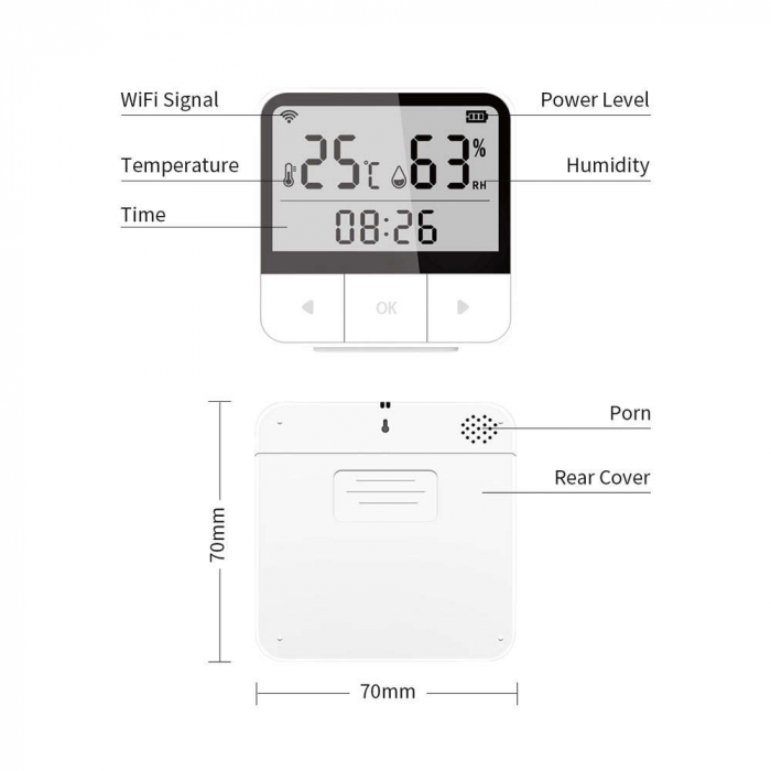 Monitor de temperatura si umiditate PST, TuyaSmart/SmartLife App, compatibil Alexa si Google Assistant, alb [4]