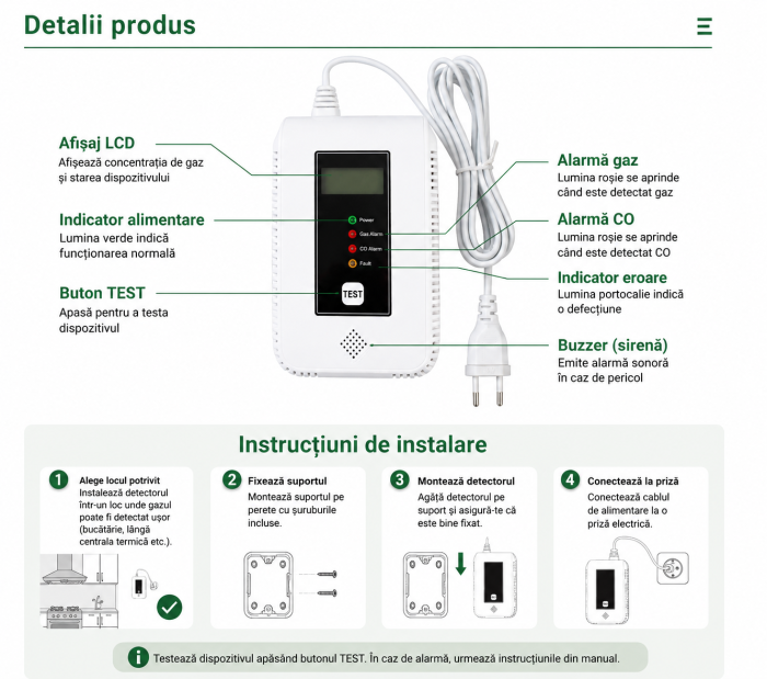 Detector inteligent Wi-Fi pentru gaz și monoxid de carbon, compatibil Tuya Smart. Alarmă 85dB, notificări pe telefon, afișaj LCD și monitorizare permanentă pentru siguranța locuinței. [2]