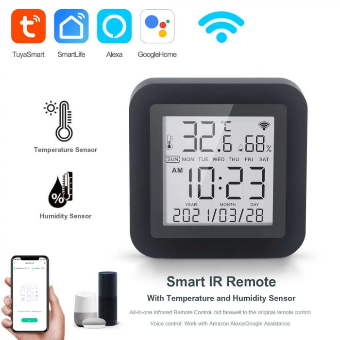Telecomanda universala inteligenta FRAMMINO®, WiFi + IR, cu senzori de temperatura si umiditate, Tuya Smart /Smart Life App, compatibil Alexa si Google Assistant, neagra [3]