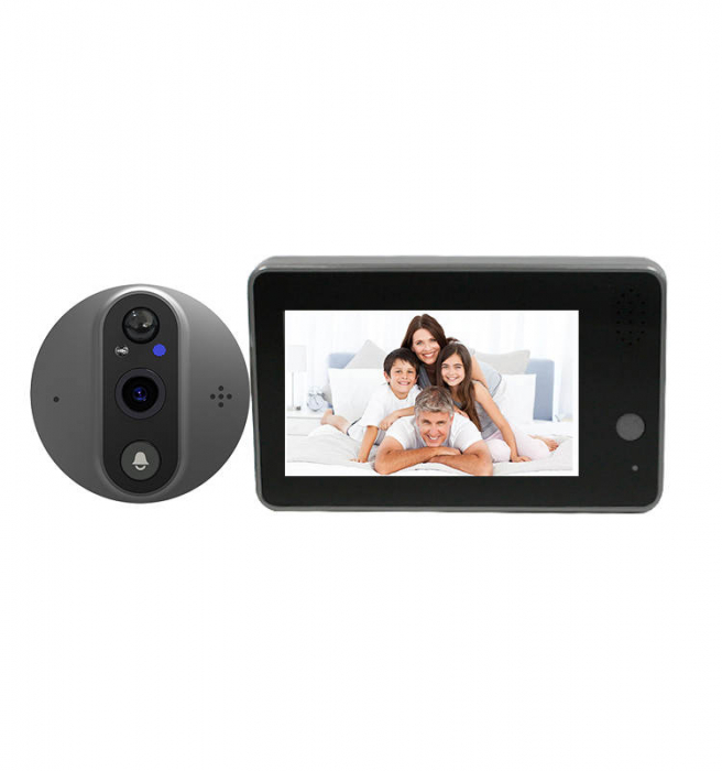 Vizor smart, de identificare si supraveghere, wireless, TuyaSmart SmartLife App, 1080P, 2MP, full HD, baterie 5000 mAh reancarcabila incorporata, monitor de 136 mm, sensor de miscare, au