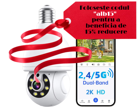 Cameră tip bec FRAMMINO® 2K, Wi-Fi dual 5GHz, AI Smart, vedere nocturna color