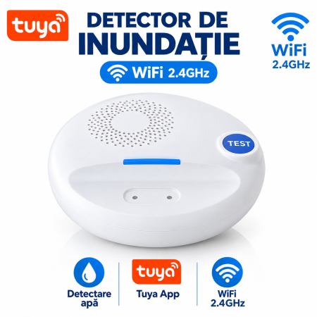 Senzori smart - Detector de inundație Wi-Fi, Tuya App, cu alarmă 100dB și notificări pe telefon