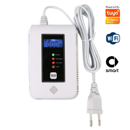 Senzori de gaz, fum si monoxid de carbon - Detector inteligent Wi-Fi pentru gaz și monoxid de carbon, compatibil Tuya Smart. Alarmă 85dB, notificări pe telefon, afișaj LCD și monitorizare permanentă pentru siguranța locuinței.