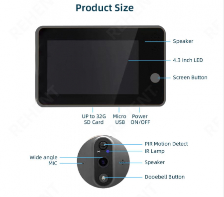 Vizor smart, de identificare si supraveghere, wireless, TuyaSmart/SmartLife App, 1080P, 2MP, full HD, baterie 5000 mAh reancarcabila incorporata, monitor de 136 mm, sensor de miscare, au [3]