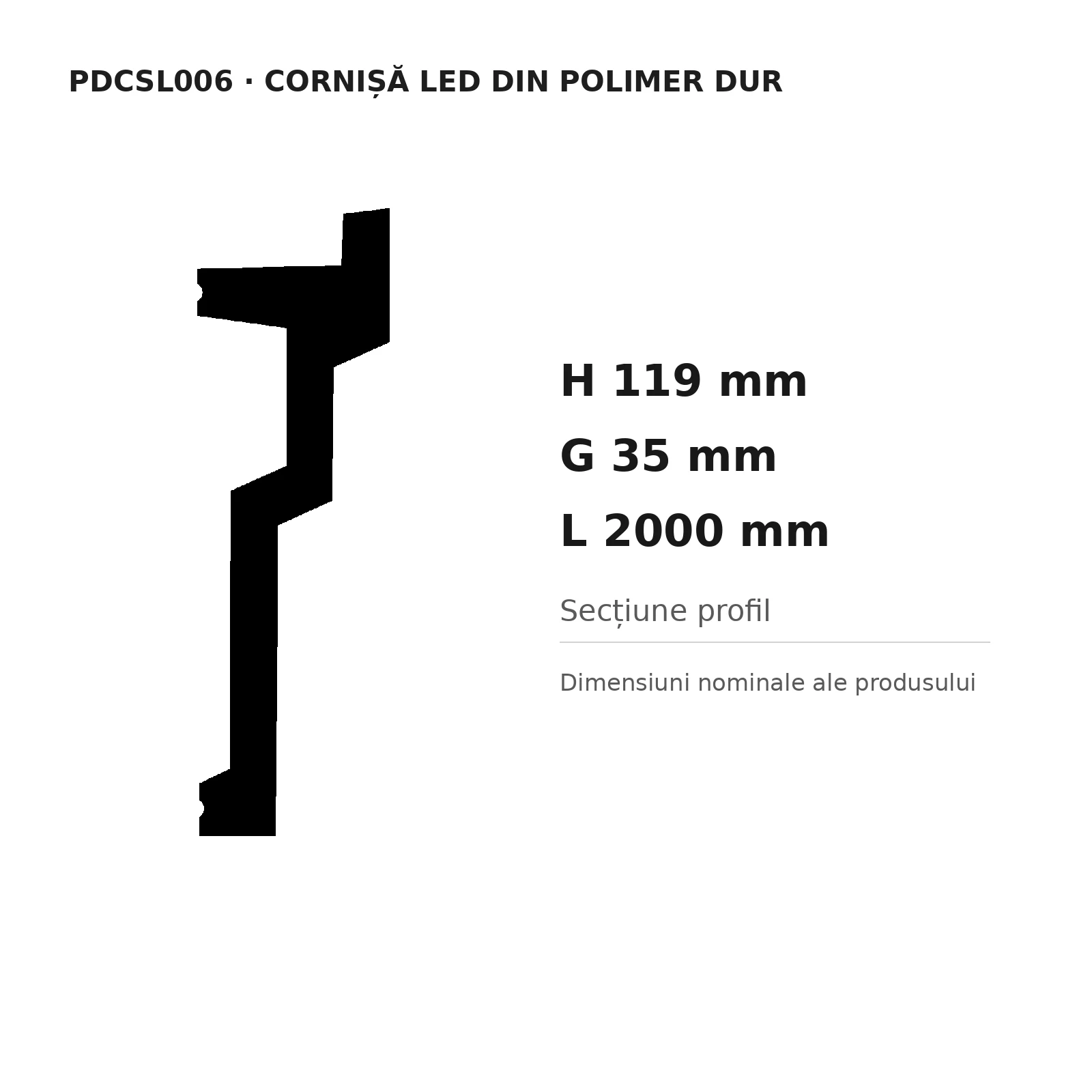 Cornișă LED din polimer dur PDCSL006, 119 × 35 × 2000 mm [3]