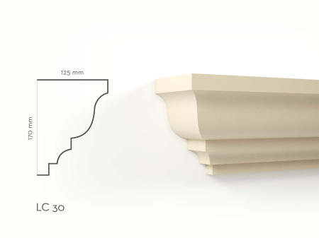 Cornișe de exterior - Cornișă decorativă de exterior LC30 H 170 x G 125 x L 2000 mm – produs și schiță cotată
