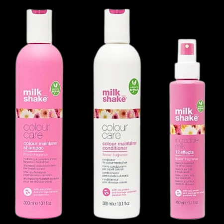 Masca pentru par - Set 3 produse - Ingrijire par vopsit, Sampon 300 ml, Balsam 300 ml, Masca leave-in tratament 12 efecte 150 ml, Colour Care Flower Milk_shake