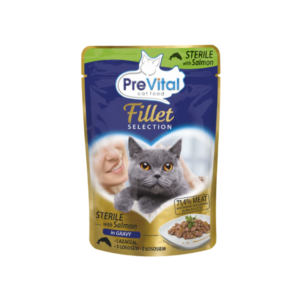 Plic PreVital Fillet pentru pisici adulte sterilizate Cu somon în sos 85 g [1]