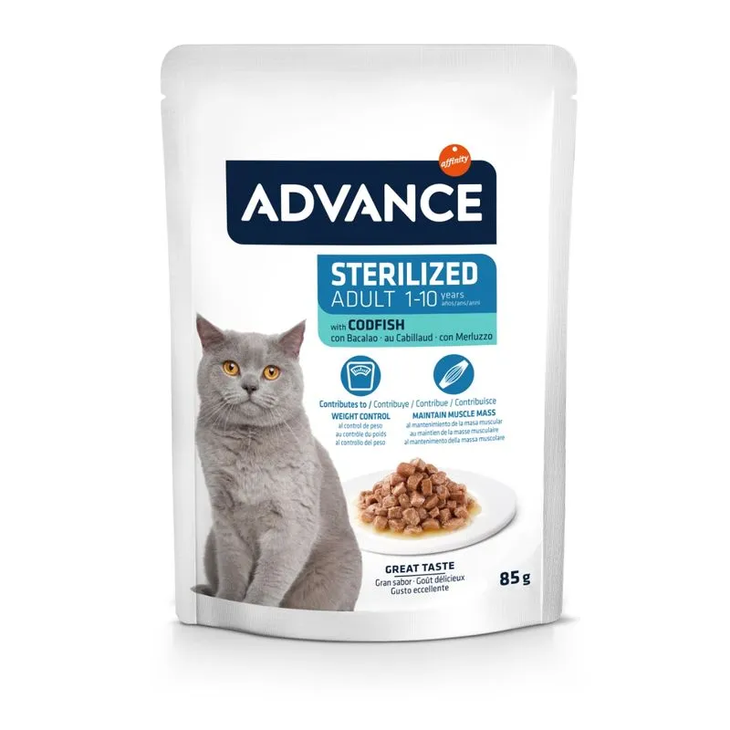 Hrană umedă - ADVANCE Sterilised, Cod, plic hrană umedă pisici sterilizate, (în sos), 85g