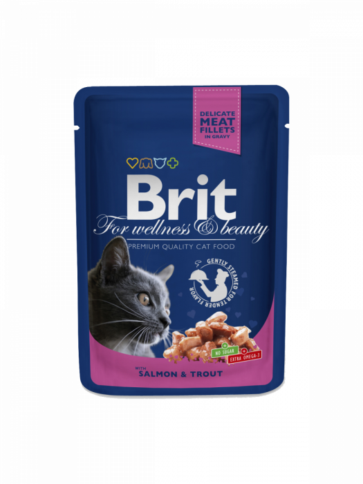 Hrană umedă - Brit Premium Cat plic cu carne de somon si pastrav 100 gr
