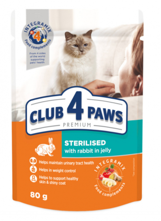 Hrană umedă - CLUB 4 PAWS PLIC CAT STERILISED CU IEPURE 80g