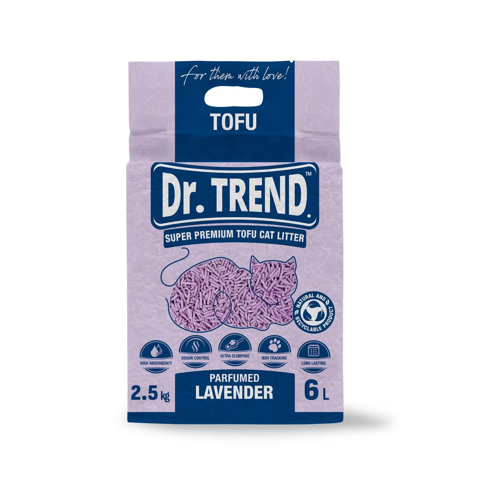 Pisici - Dr.Trend Premium, Tofu, Asternut igienic pentru pisici, Lavanda, 6L/2.5kg
