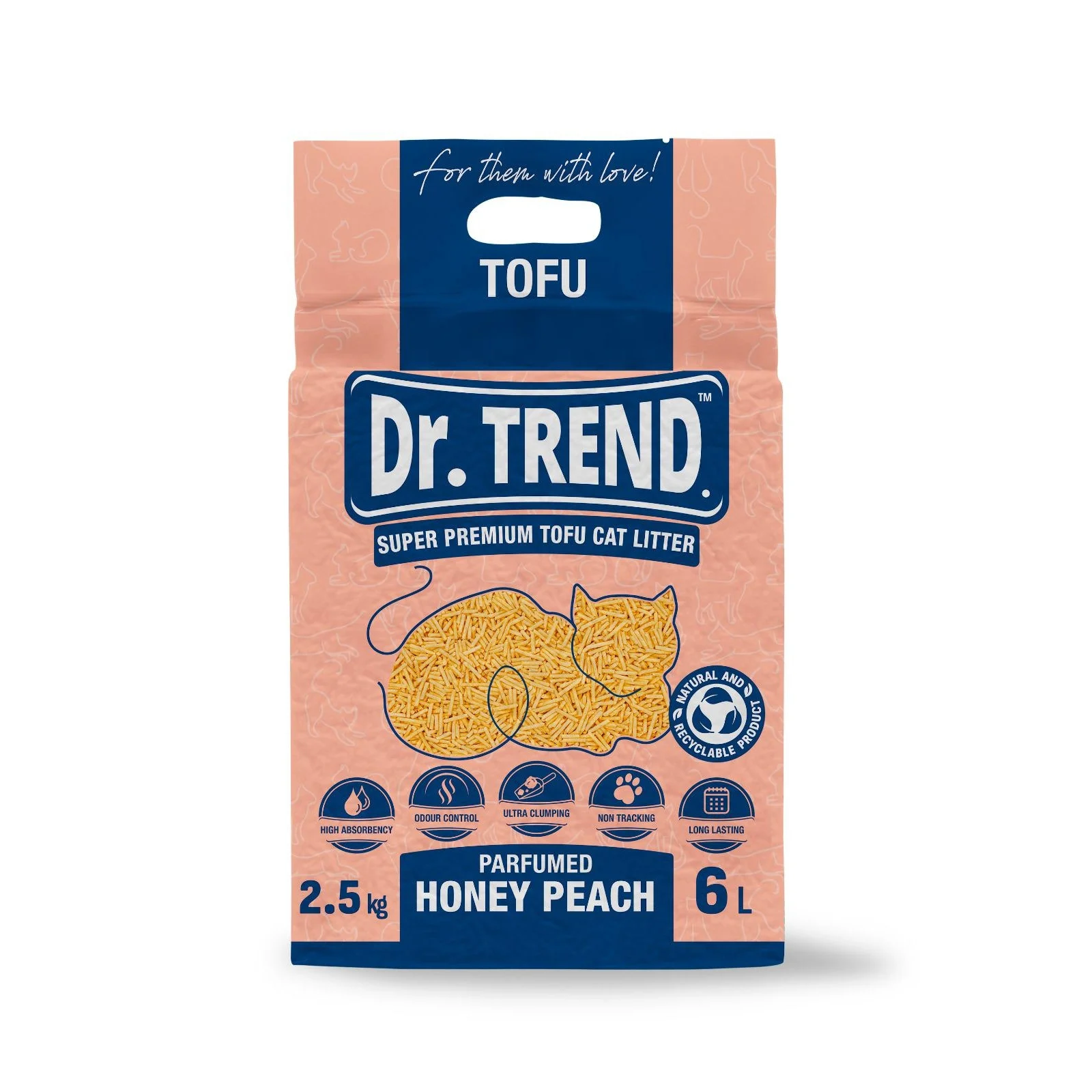 Pisici - Dr.Trend Premium, Tofu, Asternut igienic pentru pisici, Piersica, 6L/2.5kg