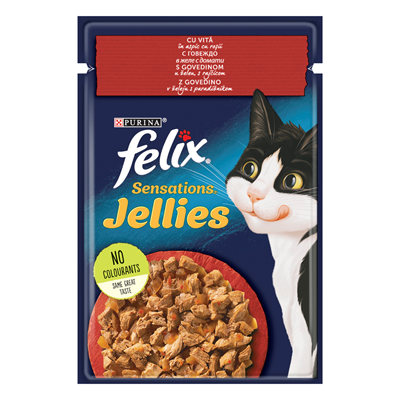 Diete veterinare Pisici - Felix SENSATIONS Hrana pentru Pisici cu Vita & Rosii in Aspic 85 g - Copie