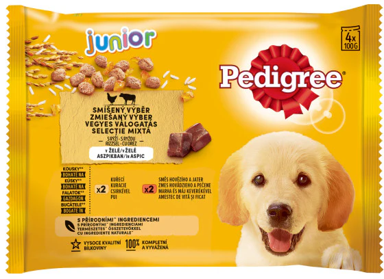 Câini - Hrana umeda pentru caini Pedigree Junior, Vita, Pui & Orez in aspic, 4 x 100g