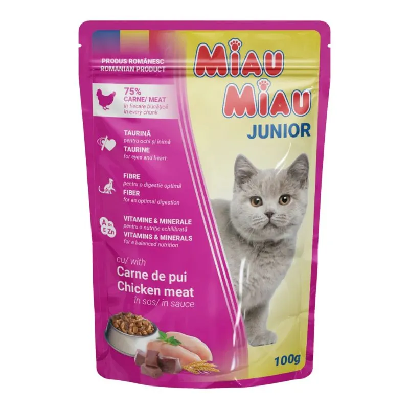 Hrană umedă - MIAU MIAU Kitten, Pui, plic hrană umedă pisici junior, (în sos), 100g