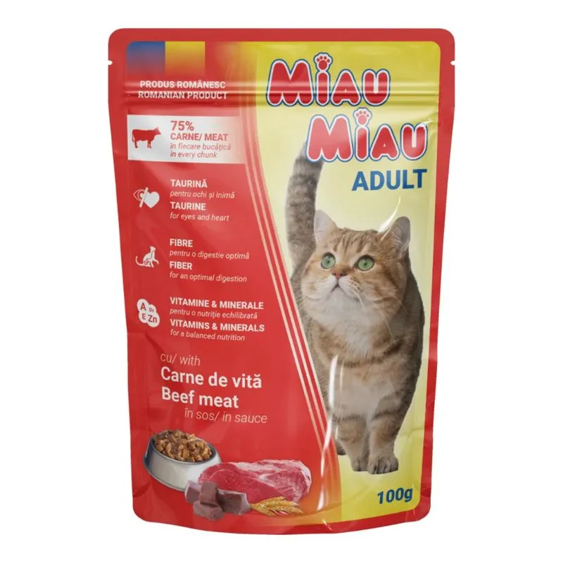 Pisici - MIAU MIAU, Vită, plic hrană umedă pisici, (în sos), 100g