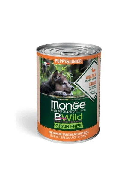 Hrană umedă - MONGE BWILD JUNIOR RATA, DOVLEAC & ZUCCHINI 400 GR