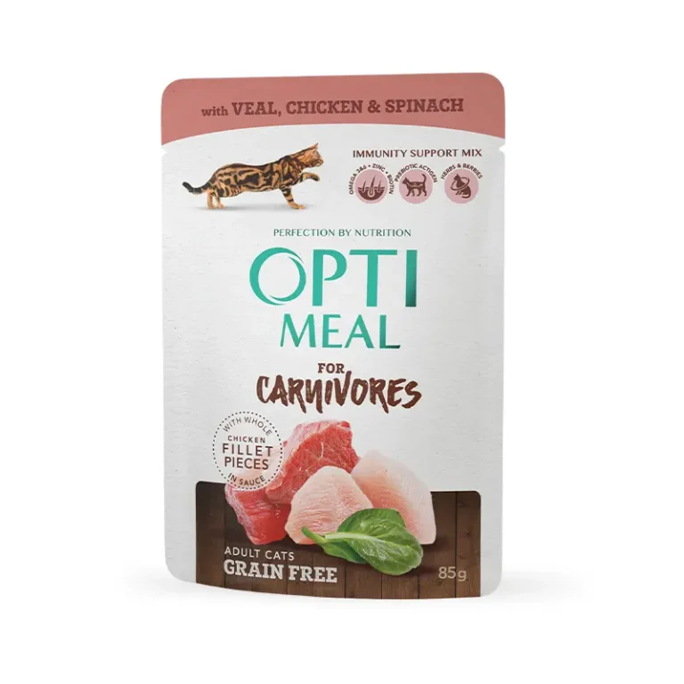 OPTIMEAL CAT PLIC GRAIN FREE CU VIȚEL,PUI ȘI SPANAC 85g