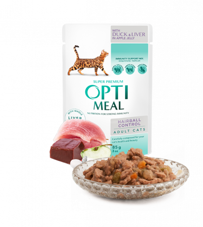 Diete veterinare Pisici - OPTIMEAL CAT PLIC HAIRBALL CONTROL CU RAȚĂ ȘI BUCĂȚI DE FICAT 85g